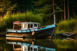 a boat is docked on the water in front of a forest. AI-Generated photo