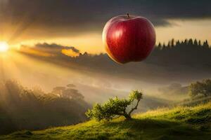 an apple is flying in the air over a field. AI-Generated photo