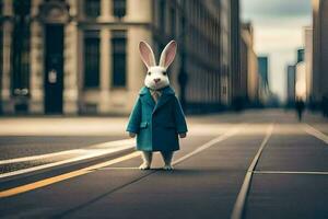 a rabbit in a blue coat standing on a street. AI-Generated photo