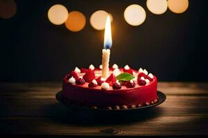 a red birthday cake with a single candle. AI-Generated photo