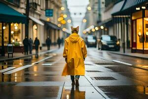 a person walking down a street in a raincoat. AI-Generated photo
