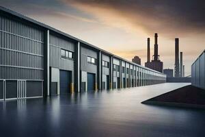 a long, empty industrial warehouse with a factory in the background. AI-Generated photo