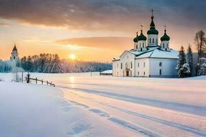 un Iglesia en el nieve con un Dom ajuste detrás él. generado por ai foto