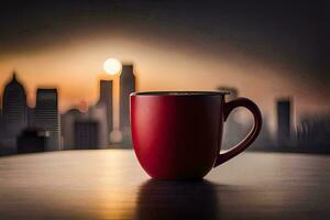 a red coffee cup sits on a table in front of a city skyline. AI-Generated photo