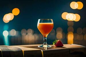 vaso de naranja jugo con un fresa en un de madera mesa. generado por ai foto