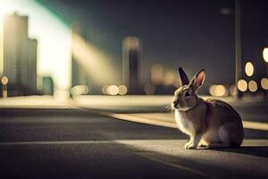 a rabbit sitting on the road in front of a city. AI-Generated photo