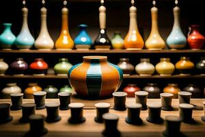a vase and a row of vases on a shelf. AI-Generated photo
