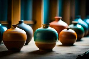 many colorful vases are lined up on a table. AI-Generated photo