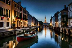 a boat is on the water in a canal at night. AI-Generated photo