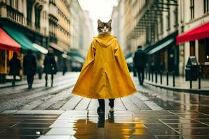 un gato vistiendo un amarillo impermeable caminando abajo un calle. generado por ai foto