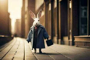 a rabbit dressed in a suit and tie is walking down a street. AI-Generated photo