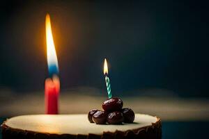 a single candle is lit on a birthday cake. AI-Generated photo