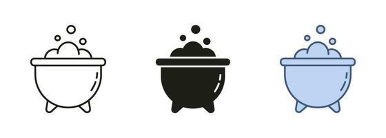 Cauldron with Bubbling Potion Line and Silhouette Icon Set, Halloween Decorations. Witches Cauldron Pictogram. Magicians Pot with Brew Black and Color Symbol Collection. Isolated Vector Illustration.