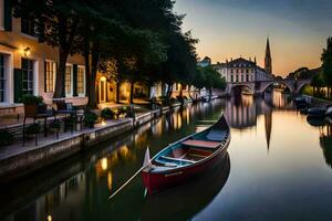 a boat is docked on a canal at sunset. AI-Generated photo