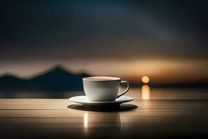 coffee cup on table with mountains in the background. AI-Generated photo