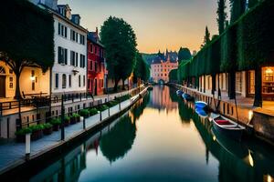 a canal in a city at sunset with buildings and boats. AI-Generated photo