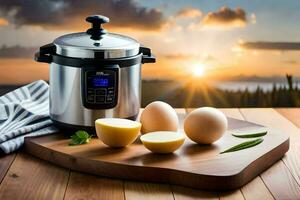 an electric pressure cooker with eggs and potatoes on a cutting board. AI-Generated photo