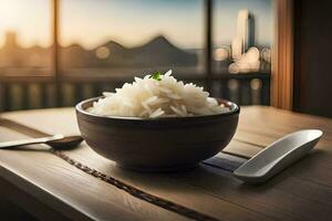 a bowl of rice on a table with a city view. AI-Generated photo