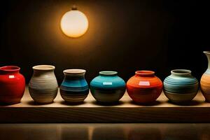 a row of colorful vases on a wooden shelf. AI-Generated photo