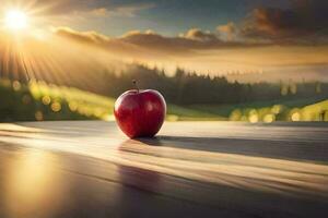 un manzana se sienta en un mesa en frente de un puesta de sol. generado por ai foto