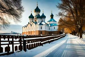 a church in the snow with a fence and trees. AI-Generated photo