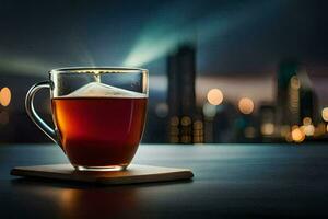 a glass of tea on a wooden coaster in front of a cityscape. AI-Generated photo