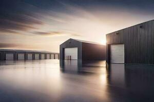 a warehouse with two garage doors and a sunset. AI-Generated photo