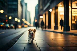 a dog walking down a city street at night. AI-Generated photo