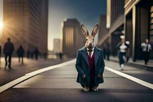 a rabbit dressed in a suit and tie standing in the middle of a city street. AI-Generated photo