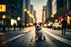 a dog sitting on the street in the city. AI-Generated photo