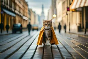 a cat wearing a yellow cape walks down a street. AI-Generated photo