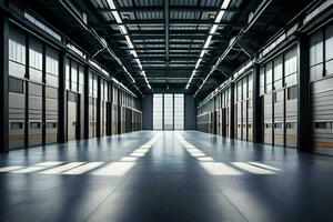 an empty warehouse with doors and windows. AI-Generated photo