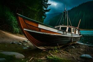 a boat sits on the shore of a lake. AI-Generated photo