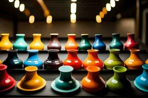 colorful vases are lined up on a shelf. AI-Generated photo
