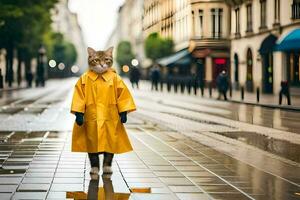 a cat wearing a yellow raincoat standing on a street. AI-Generated photo