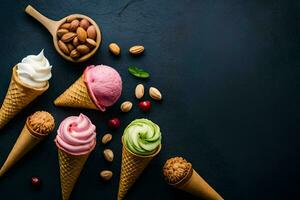 different ice cream flavors in cones on a black background. AI-Generated photo