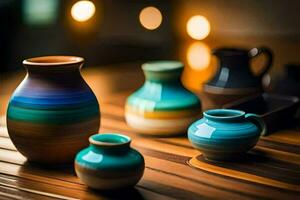 a group of colorful vases on a wooden table. AI-Generated photo