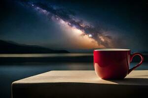 un rojo taza se sienta en un mesa en frente de un lago y el lechoso forma. generado por ai foto