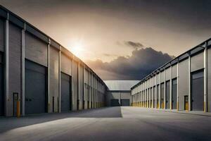 a large warehouse with two doors and a sun shining. AI-Generated photo