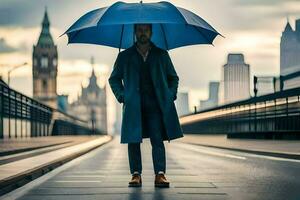 man standing under umbrella in city with big ben in background. AI-Generated photo