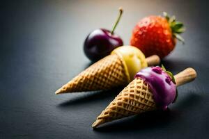 three ice cream cones with different colors of ice cream. AI-Generated photo