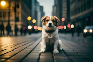 a dog sitting on the street in front of a city. AI-Generated photo