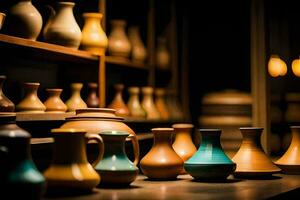 a row of vases on a shelf in a room. AI-Generated photo