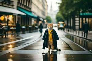 a cat in a coat standing on a wet street. AI-Generated photo