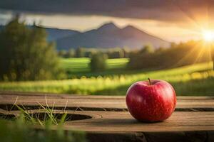 manzana en el mesa en el puesta de sol. generado por ai foto