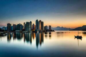 el ciudad horizonte es reflejado en el agua a puesta de sol. generado por ai foto