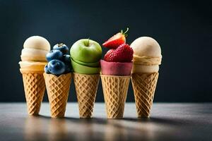 five ice cream cones with different types of fruit. AI-Generated photo