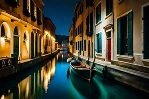 a boat is docked in a narrow canal at night. AI-Generated photo