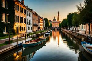 boats are docked in a canal at sunset. AI-Generated photo