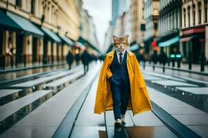 a cat dressed in a yellow coat and suit walking down a street. AI-Generated photo